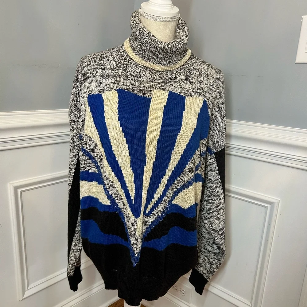Vintage sweater turtleneck blue‎ cream black gold colors size 46 XL.